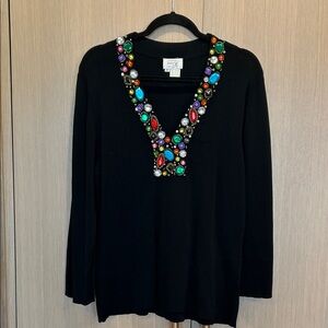 Kitson Black V-Neck Sweater with Multicolor Embellishments